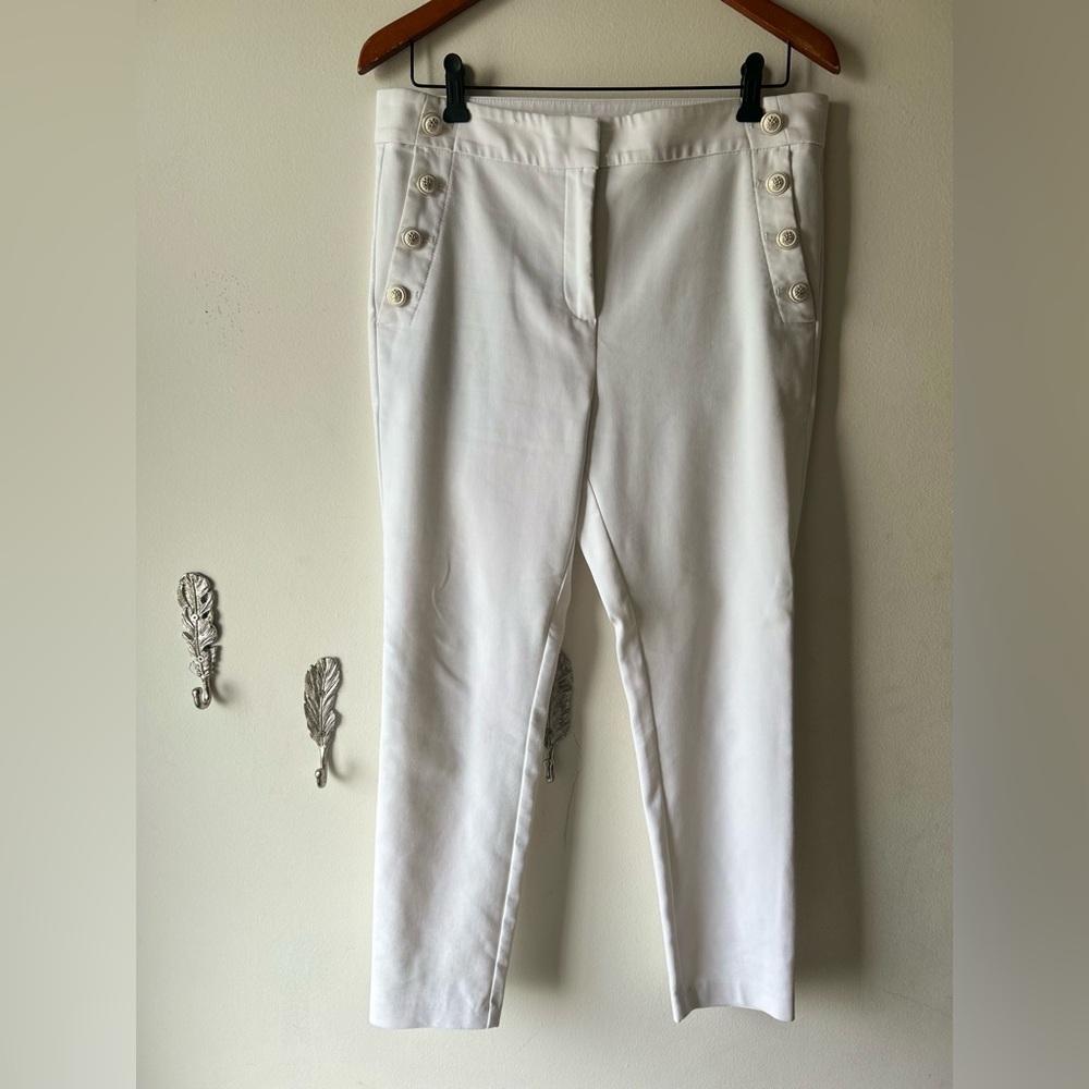 LOFT White Sailor Button Cropped Ankle Pants Size 8 | Nautical Slim Straight - Picture 2 of 7